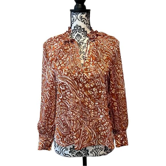 Anthropologie Sheer Printed Peasant Blouse Orange Cream XXS - Picture 2 of 15